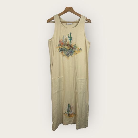 Allie Womens Small Artsy Gauzy Maxi Dress Desert Cactus Art to Wear Painting - Picture 1 of 12
